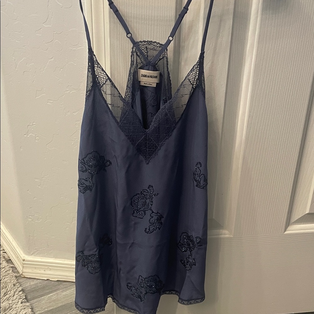 Zadig & Voltaire Blue Lace Detail Christy top XS New w crystal